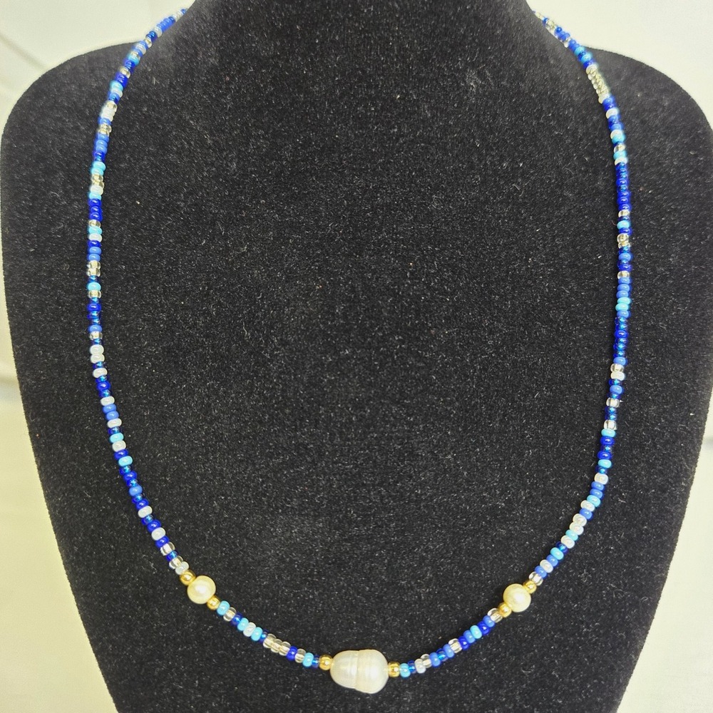 Seed Bead‎ and Faux Pearl Necklace, Blue/White/Gold Tone, 16" Chain